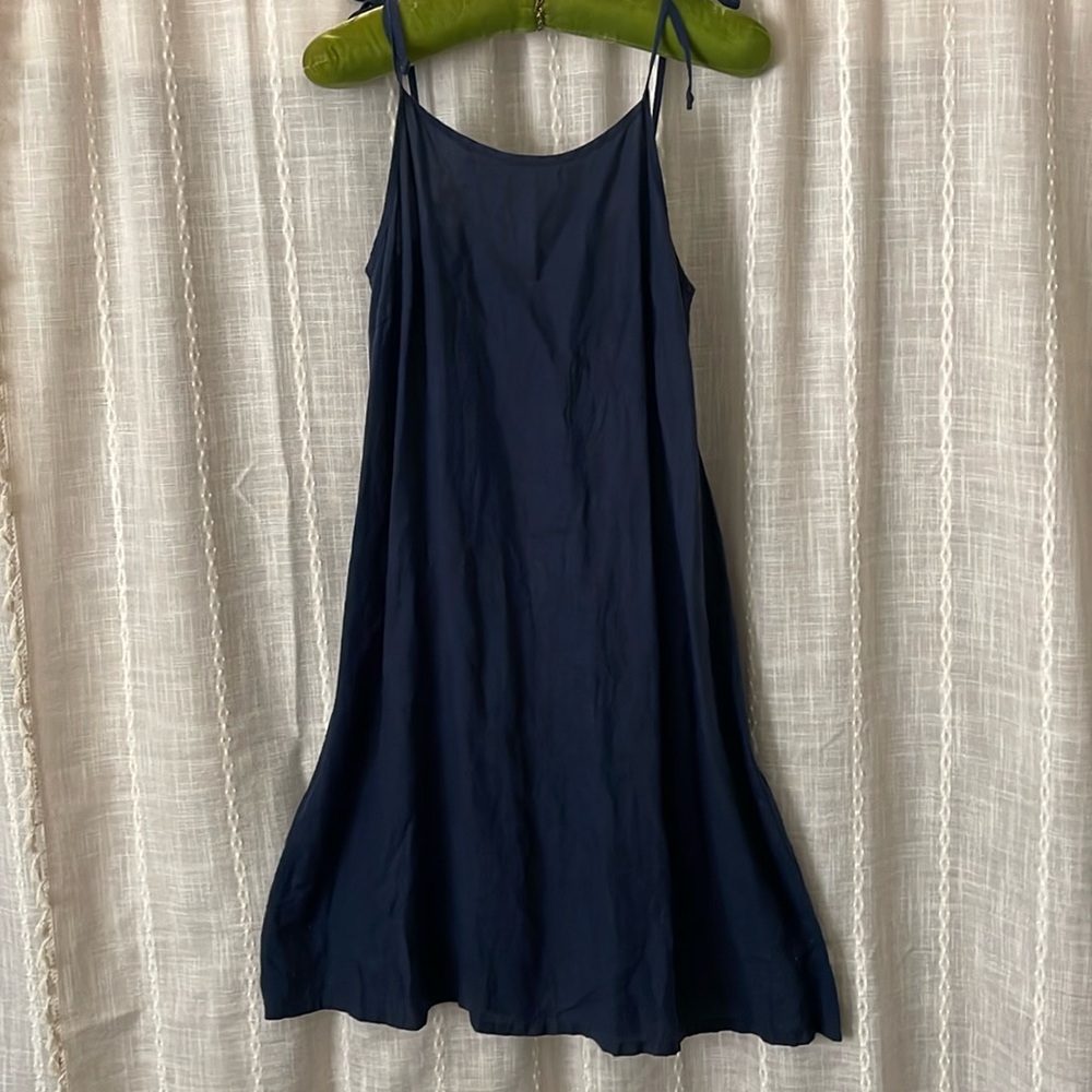 Match Point spaghetti strap, blue, 100% linen summer dress.  Knee length. S